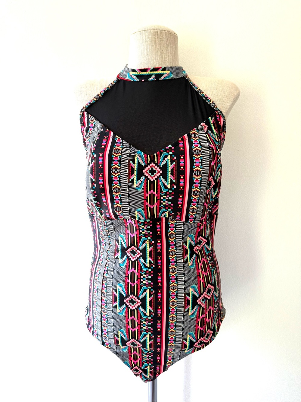 Forever 21 Black & Multicolor High-Neck Tribal Halter Swimsuit - Picture 2 of 11